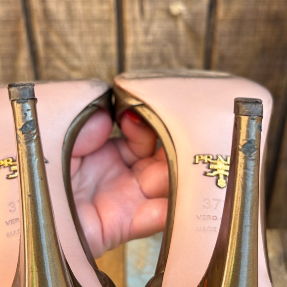 Prada Vero Cuoio Patent Brown Bronze Open Toe High Heels - Picture 14 of 16